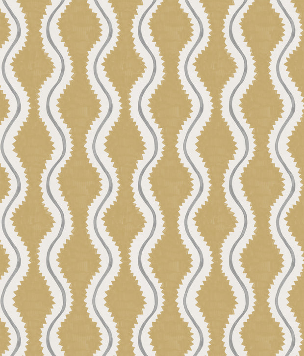 A wallpaper with a geometric pattern featuring stripes in mustard, white, and yellow colors - Coco Wallpaper in Golden | 28" Width, Sold by Yard, 2–4 Weeks