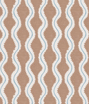 A wallpaper with a geometric pattern featuring stripes in brown, white, and light blue colors - Coco Wallpaper in Guava Dark | 28" Width, Sold by Yard, 2–4 Weeks