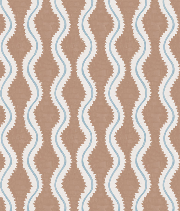 A wallpaper with a geometric pattern featuring stripes in brown, white, and light blue colors - Coco Wallpaper in Guava Dark | 28" Width, Sold by Yard, 2–4 Weeks