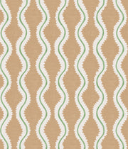 A wallpaper with a geometric pattern featuring stripes in beige, green, peach, pink, and white colors - Papaya Wallpaper – Coco Collection | Modern Designer Wallcovering