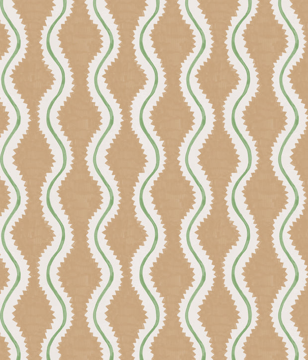 A wallpaper with a geometric pattern featuring stripes in beige, green, peach, pink, and white colors - Papaya Wallpaper – Coco Collection | Modern Designer Wallcovering