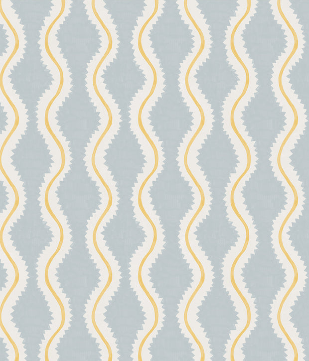 A section of wallpaper with a blue and white stripe pattern and yellow accents - Sky Wallpaper – Coco Collection | Modern Designer Wallcovering