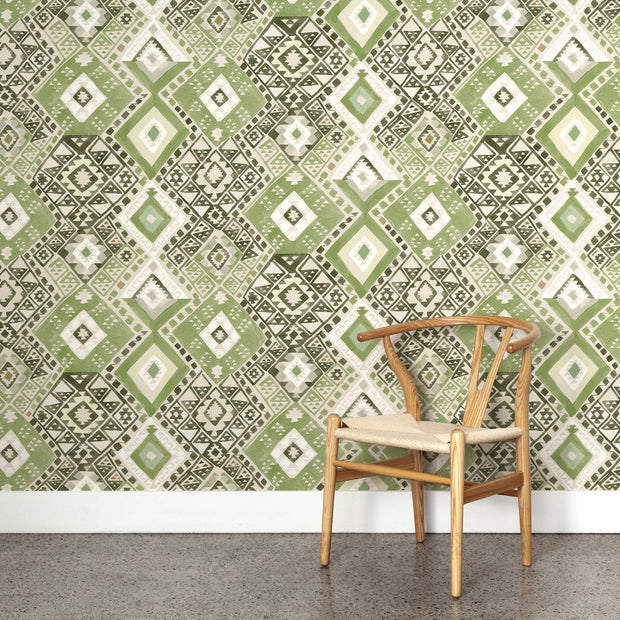Kilim Wallpaper – Olive Grove | Half-Drop Pattern WP by Yard