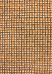 A close-up image of a textile fabric with a geometric grid pattern in beige, brown, and gray colors.