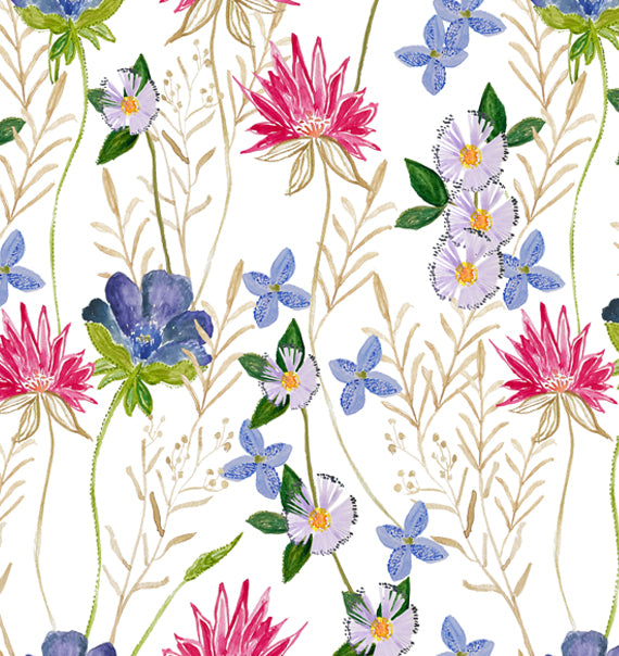A roll of wallpaper featuring a floral pattern with various colors including purple, blue, green, and pink on a white background - Magenta Purple Wallpaper | Luxembourg, Coated Non Woven, 27.5" Trimmed, 10m Roll