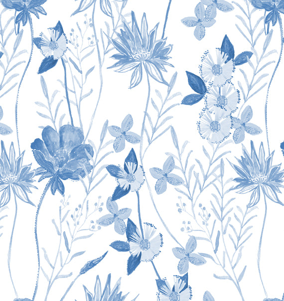 A roll of wallpaper with a blue floral pattern on a white background - Blue Wallpaper | Luxembourg, Coated Non Woven, 27.5" Trimmed, 10m Roll