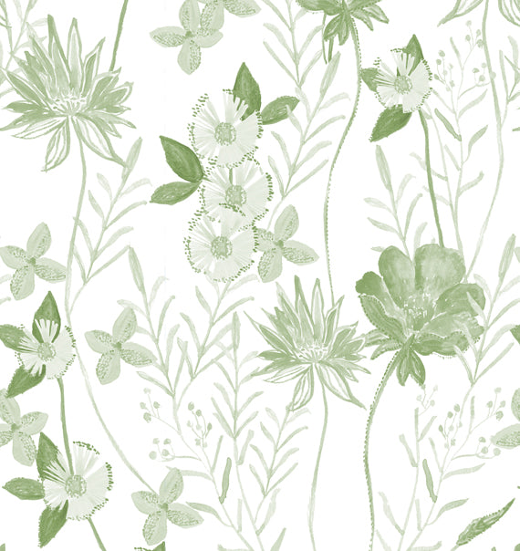 A roll of wallpaper featuring a green floral pattern on a white background - Green Wallpaper | Luxembourg, Coated Non Woven, 27.5" Trimmed, 10m Roll