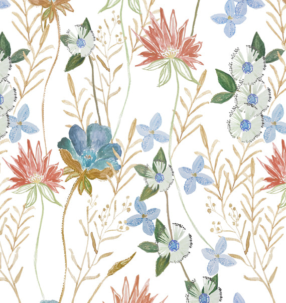 A wallpaper featuring a floral pattern with orange, blue, and green flowers on a white background. - Orange Blue Wallpaper | Luxembourg, Coated Non Woven, 27.5" Trimmed, 10m Roll