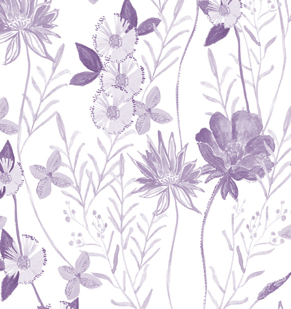 A roll of wallpaper featuring a floral pattern with purple and white colors - Purple Wallpaper | Luxembourg, Coated Non Woven, 27.5" Trimmed, 10m Roll