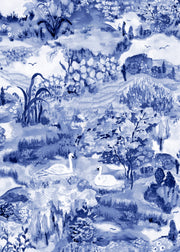 A wallpaper featuring a vibrant floral and animal pattern with a predominantly blue color scheme - Delftware Meadow Wallpaper – Laura Chautin Artist Series Wallcovering