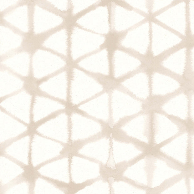 A section of wallpaper with a geometric pattern featuring a series of diamond shapes in a beige color on a white background.