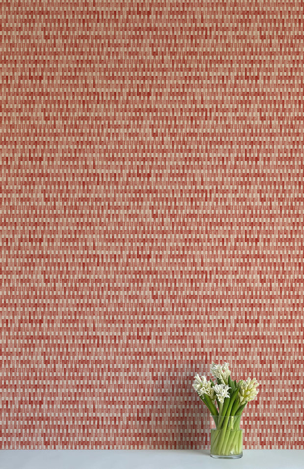 A wall adorned with orange and white stripes, featuring a vase with flowers in the foreground - Patio Stacey Wallpaper – Elegant Non-Woven Double Roll