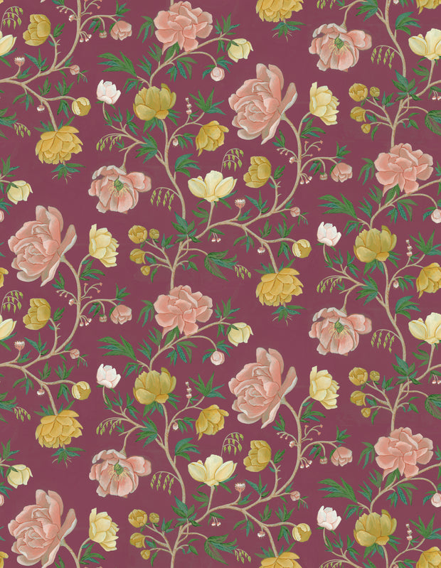 Peonies Wallpaper – Burgundy | Elegant Floral Wall Covering by Yard