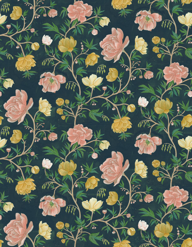 Peonies Wallpaper – Navy | Classic Botanical Floral Wall Covering