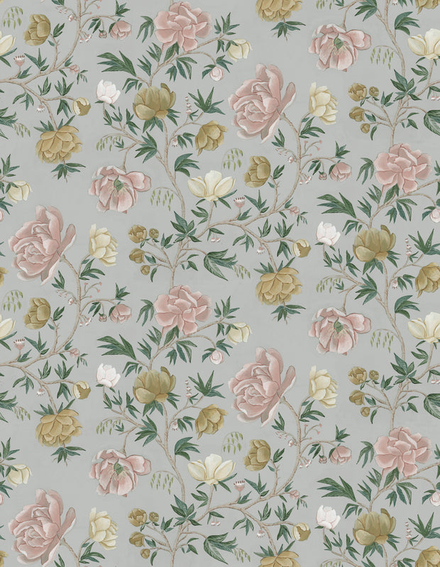 A section of wallpaper with a floral pattern featuring peony flowers in shades of pink, beige, and green on a grey background. Peonies Wallpaper – Stone | Elegant Floral Botanical Wallcovering