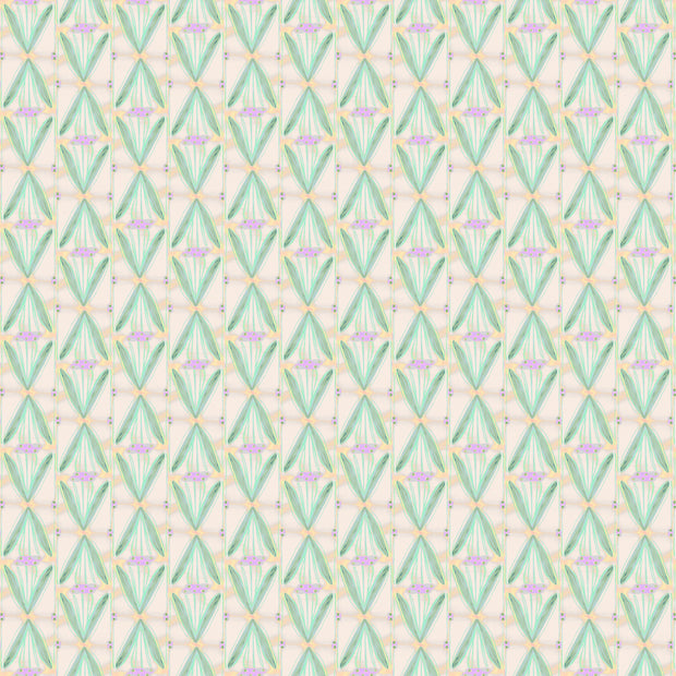 A wallpaper with a geometric pattern featuring various shades of green reeds on a beige background. Reeds Wallpaper – Barbara | Modern Nature-Inspired Wallcovering