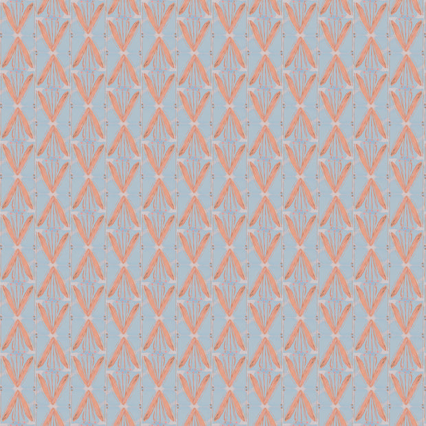 A wallpaper with a geometric pattern featuring blue and orange lines on a beige background. Reeds Wallpaper – Blue | Modern Textured Wall Design