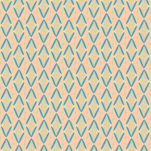 A wallpaper with a geometric pattern featuring triangles in blue and orange on a beige background. Reeds Wallpaper – Peach | Soft Textured Wallcovering by Yard