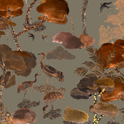A wallpaper pattern featuring a vibrant and colorful illustration of birds and plants in a landscape setting, predominantly in brown, gray, and orange tones - Aleteo Tobacco Wallpaper – Luxury 3-Panel Roll, Bold Wall Mural