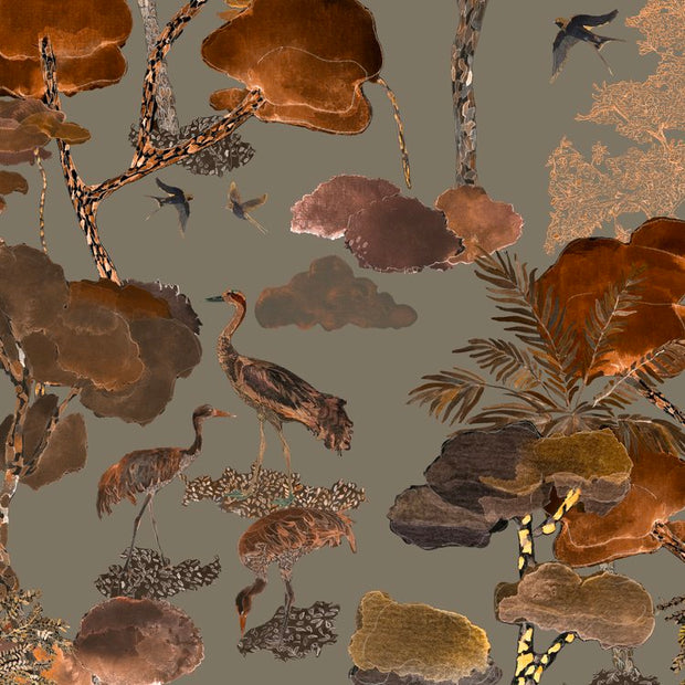 A wallpaper pattern featuring a vibrant and colorful illustration of birds and plants in a landscape setting, predominantly in brown, gray, and orange tones - Aleteo Tobacco Wallpaper – Luxury 3-Panel Roll, Bold Wall Mural