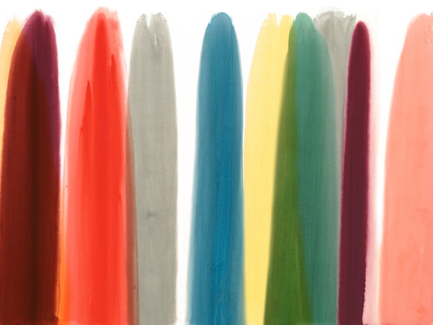 A series of abstract, contemporary wallpaper swatches in various colors including red, blue, green, grey, multi, pink, purple, and yellow.