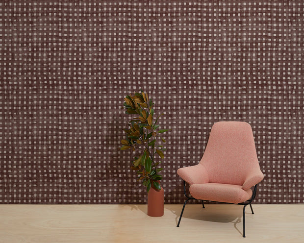 Pink chair and potted plant against a patterned wall - Mulberry on Blush - WP Crosswise Wallpaper, 27" Width, 10 Yard Roll