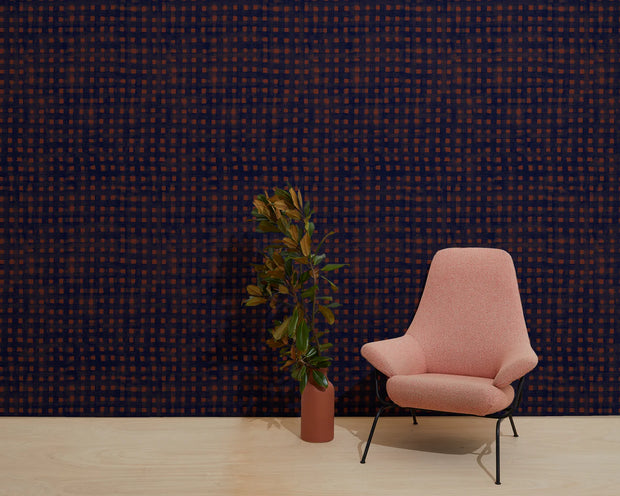 Pink chair and plant against a patterned wall - Land + Sea - WP Crosswise Wallpaper, 27" Width, 10 Yard Roll