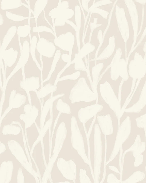 A section of wallpaper with a floral pattern in beige and white colors - Day Late Spring Wallpaper – Botanical 10 Yard Roll