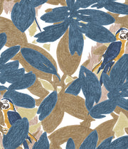 A wallpaper with a repeating pattern featuring birds perched on branches with a blue, beige, and brown color palette - Blue Tropic Wallpaper – Luxury Designer Wall Covering by Yard