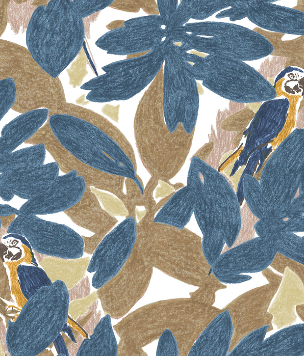 A wallpaper with a repeating pattern featuring birds perched on branches with a blue, beige, and brown color palette - Blue Tropic Wallpaper – Luxury Designer Wall Covering by Yard