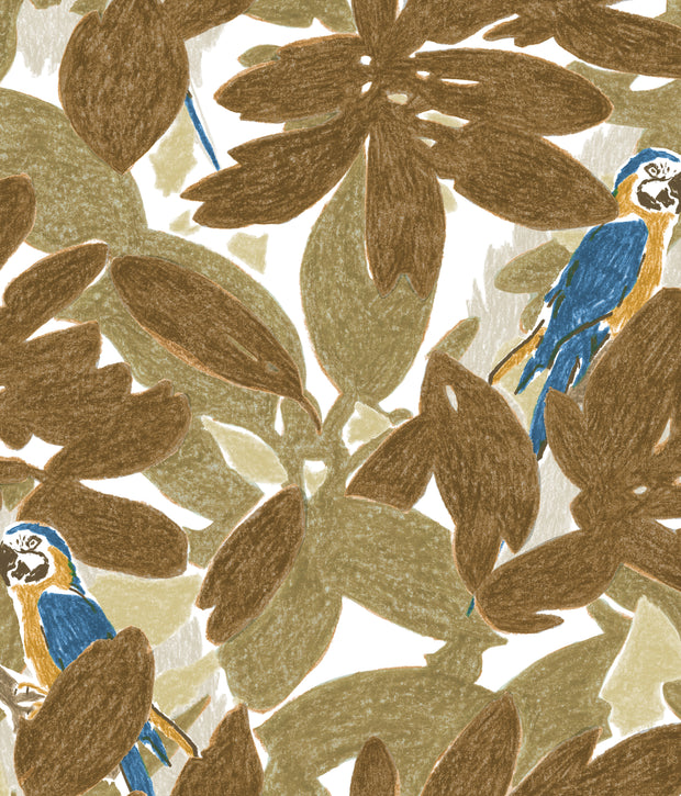 A wallpaper featuring a pattern with brown leaves and blue birds - Bronze Tropic Wallpaper – Luxury Designer Wall Covering by Yard