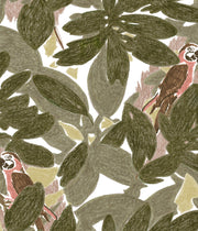 A wallpaper featuring a pattern of birds perched on green leaves, with a predominantly green color palette.