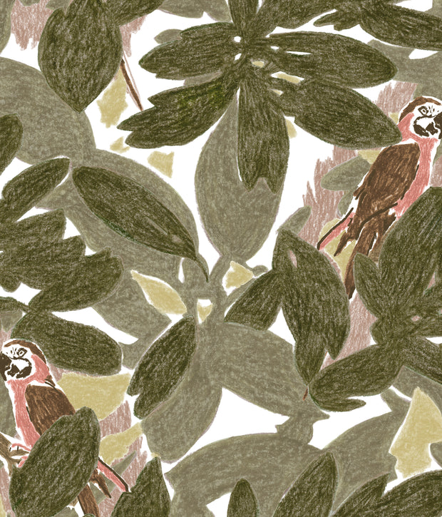 A wallpaper featuring a pattern of birds perched on green leaves, with a predominantly green color palette.