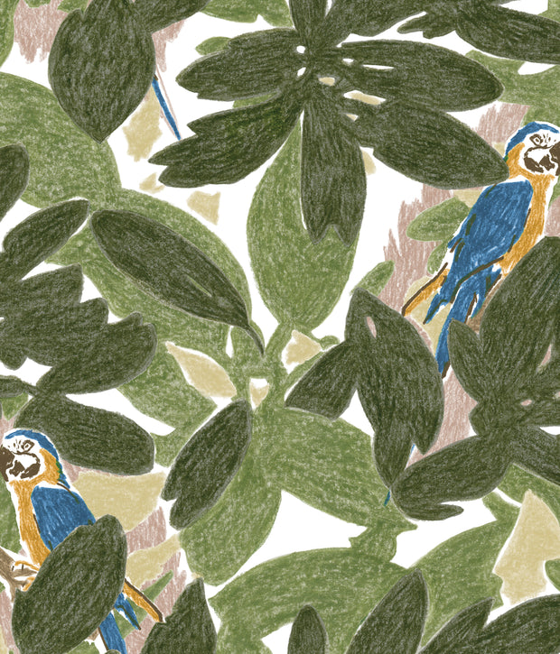 A wallpaper featuring a repeated pattern of birds perched on green leaves.