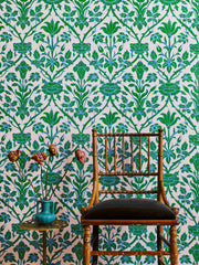 Blue and Green Trumpet Blooms Wallpaper – Elegant Clay Coated Design