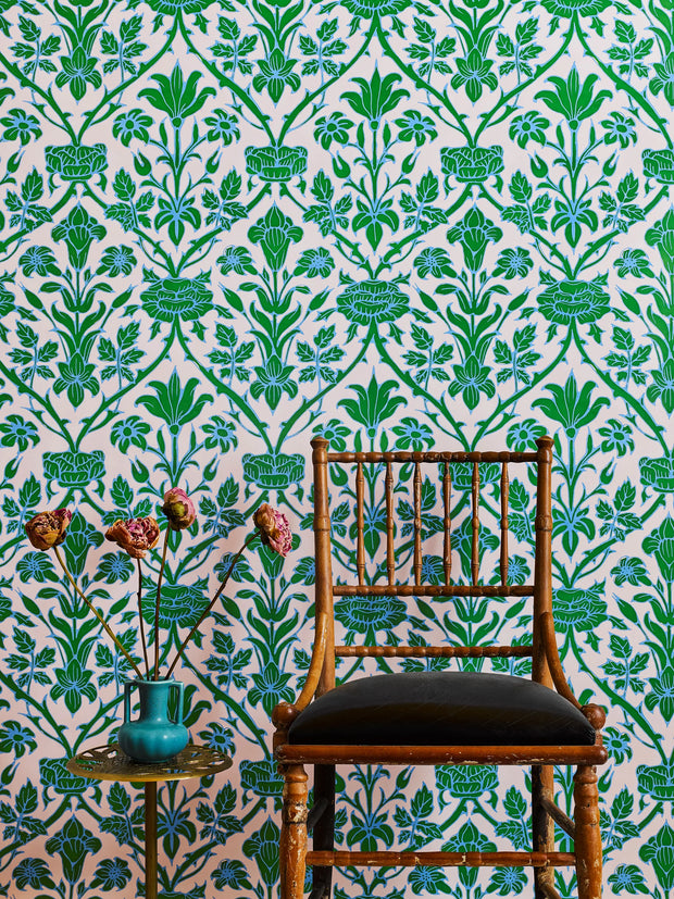 Blue and Green Trumpet Blooms Wallpaper – Elegant Clay Coated Design