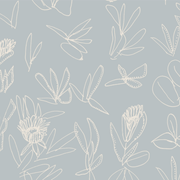A wallpaper with a light blue background featuring a white, leaf-like floral pattern - Coast - Crawl Wallpaper - Willie Weston x Kate Constantine Collaboration | Supply Showroom