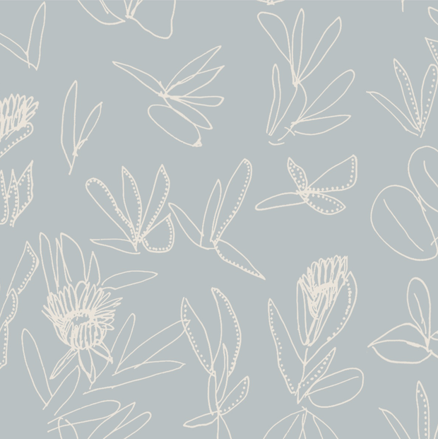 A wallpaper with a light blue background featuring a white, leaf-like floral pattern - Coast - Crawl Wallpaper - Willie Weston x Kate Constantine Collaboration | Supply Showroom