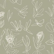 A wallpaper with a green background featuring a white floral pattern - Gumleaf - Crawl Wallpaper - Willie Weston x Kate Constantine Collaboration | Supply Showroom