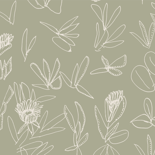 A wallpaper with a green background featuring a white floral pattern - Gumleaf - Crawl Wallpaper - Willie Weston x Kate Constantine Collaboration | Supply Showroom