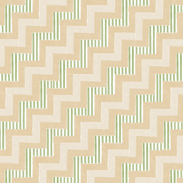 A wallpaper with a geometric zigzag pattern in beige, green, and pink stripes - Papaya Ziggy Wallpaper – Modern Geometric Wall Covering by Yard