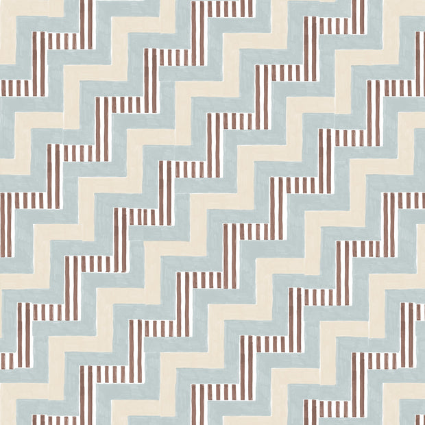 A wallpaper with a geometric zigzag pattern in beige, blue, brown, and cream colors - Sky Ziggy Wallpaper – Modern Geometric Wall Covering by Yard