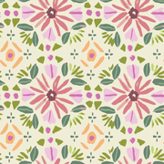 A fabric with a floral pattern featuring pink and green flowers and leaves on a beige background.