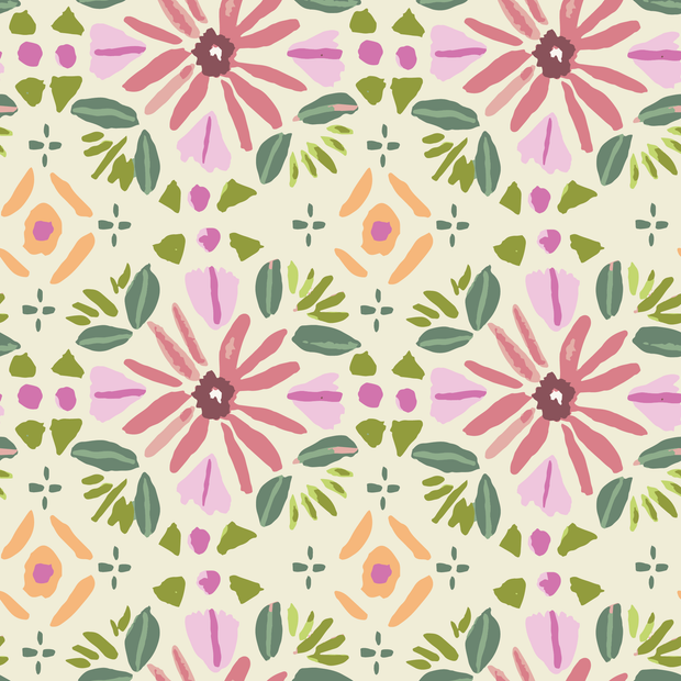 A fabric with a floral pattern featuring pink and green flowers and leaves on a beige background.