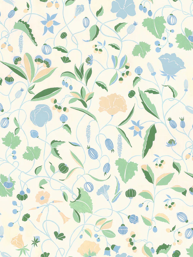 A roll of wallpaper with a floral pattern featuring various flowers in blue, green, and pink colors on a white background.  Blue Wallpaper – Adrienne Design with Stylish and Modern Appeal
