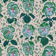 A fabric with a floral pattern featuring large leaves and small flowers in shades of blue, green, and multicolor on a light background.