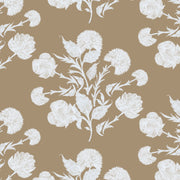 A fabric featuring a beige background with a large, repeated floral pattern design.