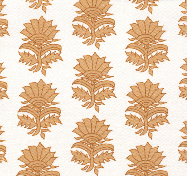 Fabric with a floral thistle pattern in beige, brown, orange, and white colors.