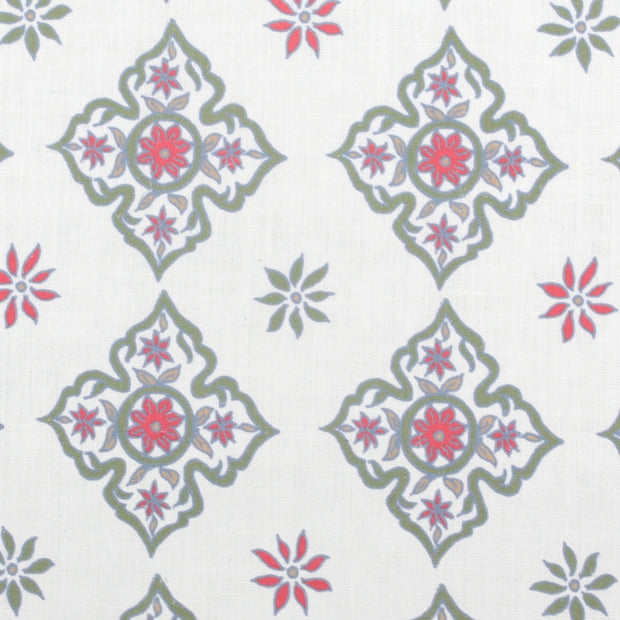 Diamond Daisy Fabric – Clover/Wedgwood/Ruby on Natural/Oyster, 54” Width