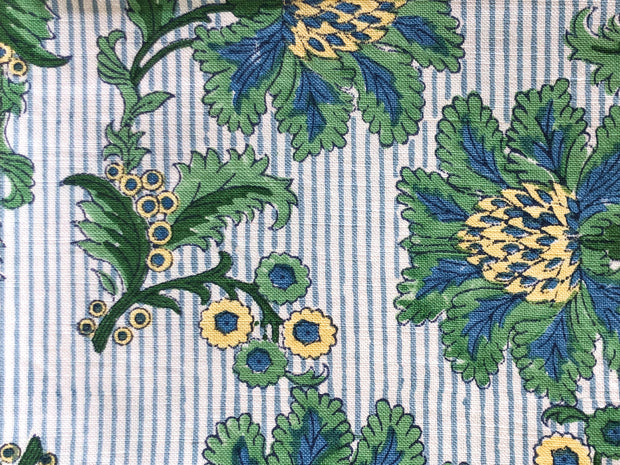 Indigo/Green Stripe on Ivory French Floral Fabric - Cotton Linen Blend | Supply Showroom